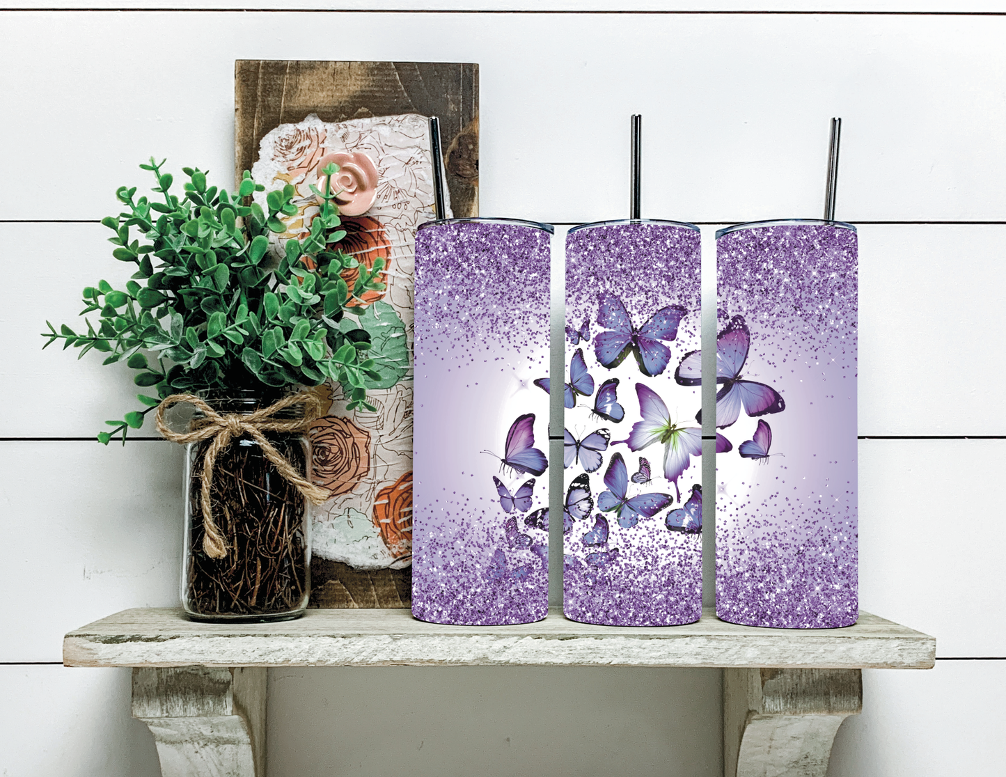 20oz Tumbler: Purple Glitter Butterflies